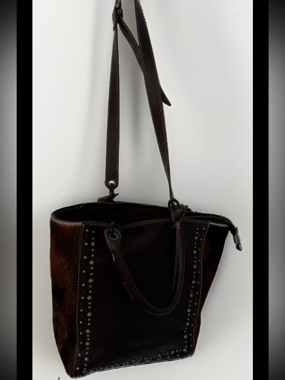 Trinity Ranch Concealed Carry Hair On Cowhide Brown Shoulder Bag Purse Studs